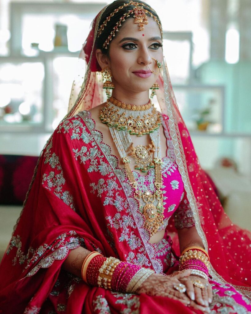 Pink Bridal Lehenga With Red Dupatta