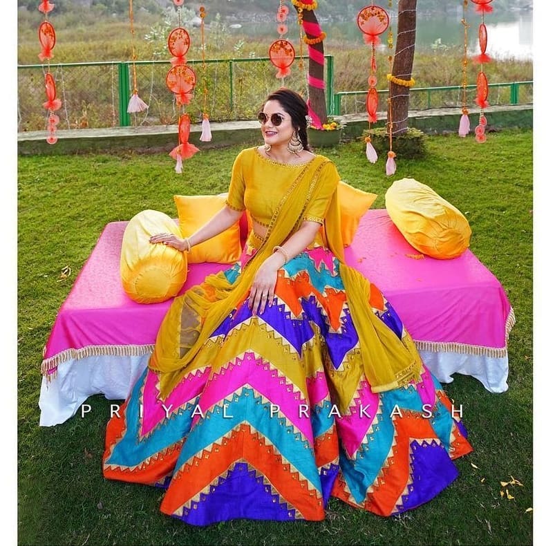 Multi Colour Lehenga With Peach Choli On Net With Multi Work - House of  Surya-vietvuevent.vn