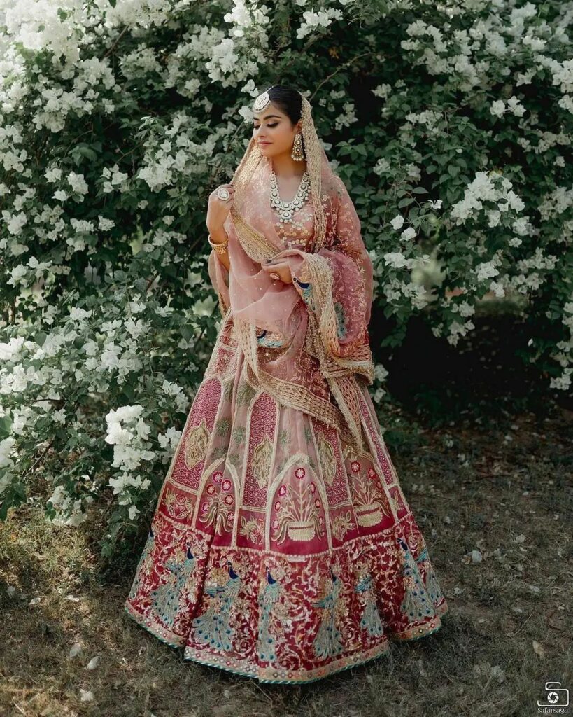 Peacock green Lehenga ruffle on bottom along with attached Dupatta over  Choli - House of Surya