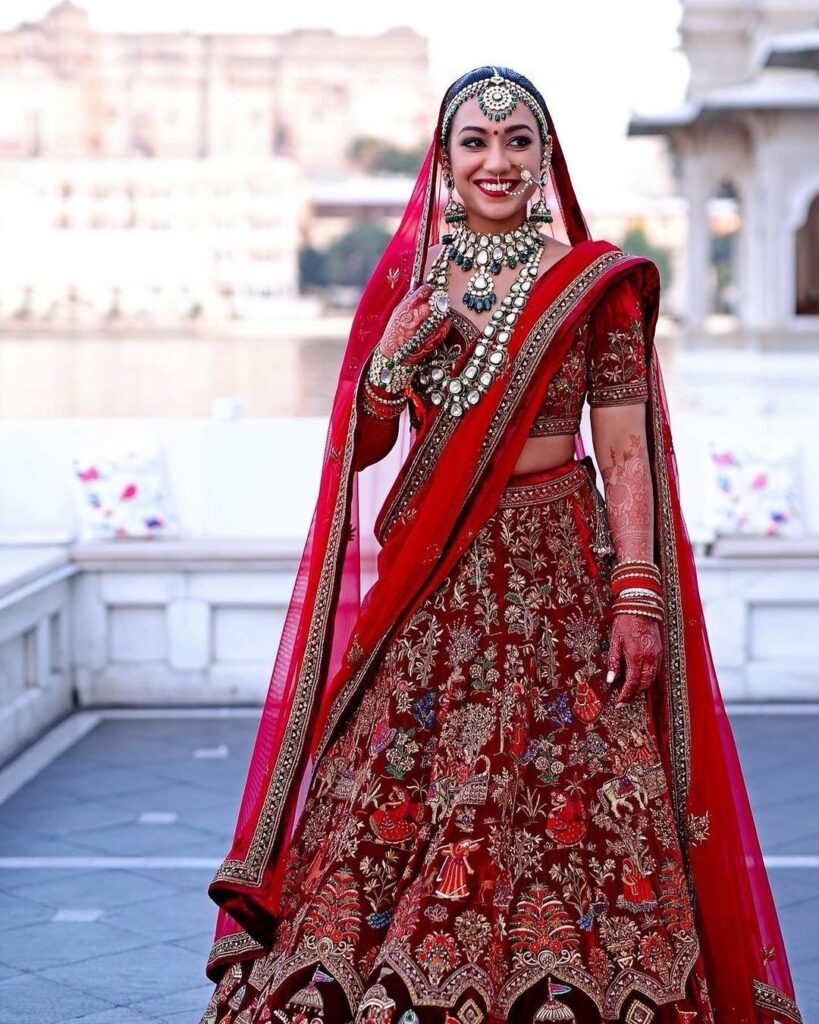 Bridal Lehenga Choli in Maroon Velvet with Stone with moti - LC5801