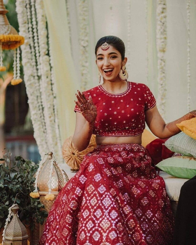 Fiery Red Printed Lehenga with Contrast Embroidery Blouse - Piyanshu Bajaj  - East Boutique | Fashion, Fashion week outfit, Red lehenga