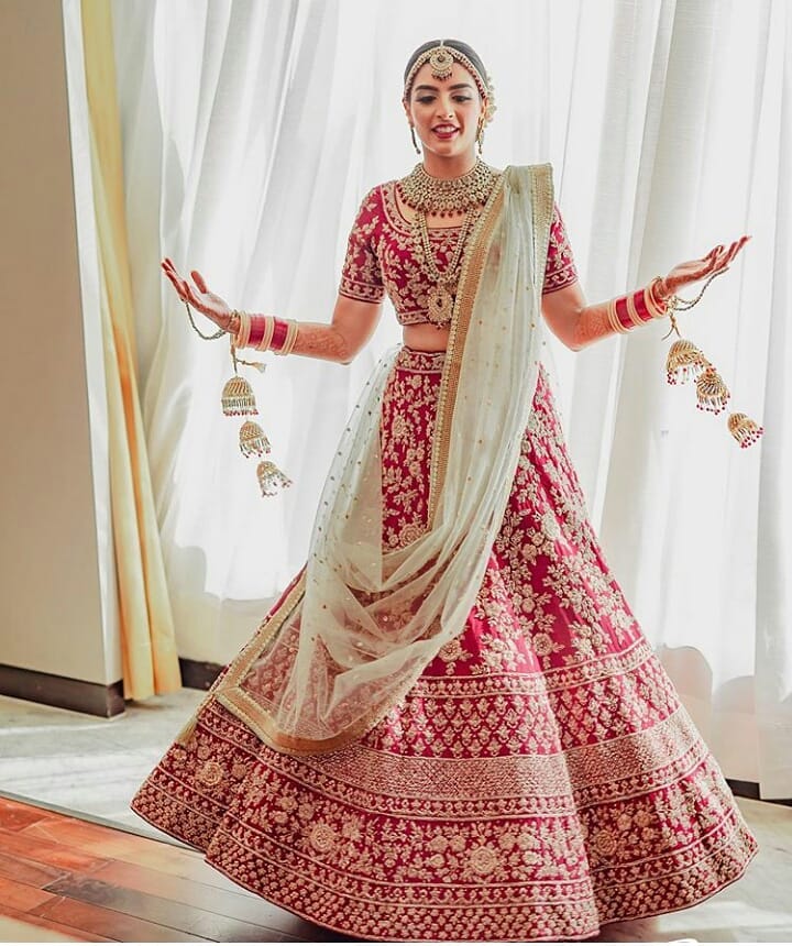 Red Bridal Lehenga With Blue Dupatta