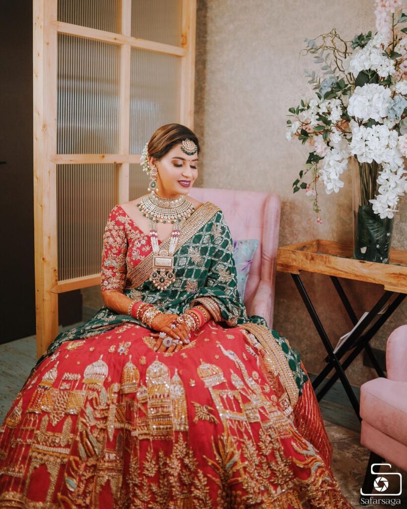 Red Bridal Lehenga With Green Dupatta