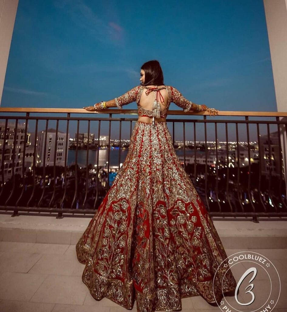 Red Wedding Lehenga With Blue Dupatta