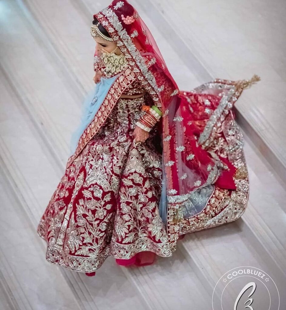 Red Wedding Lehenga With Blue Dupatta