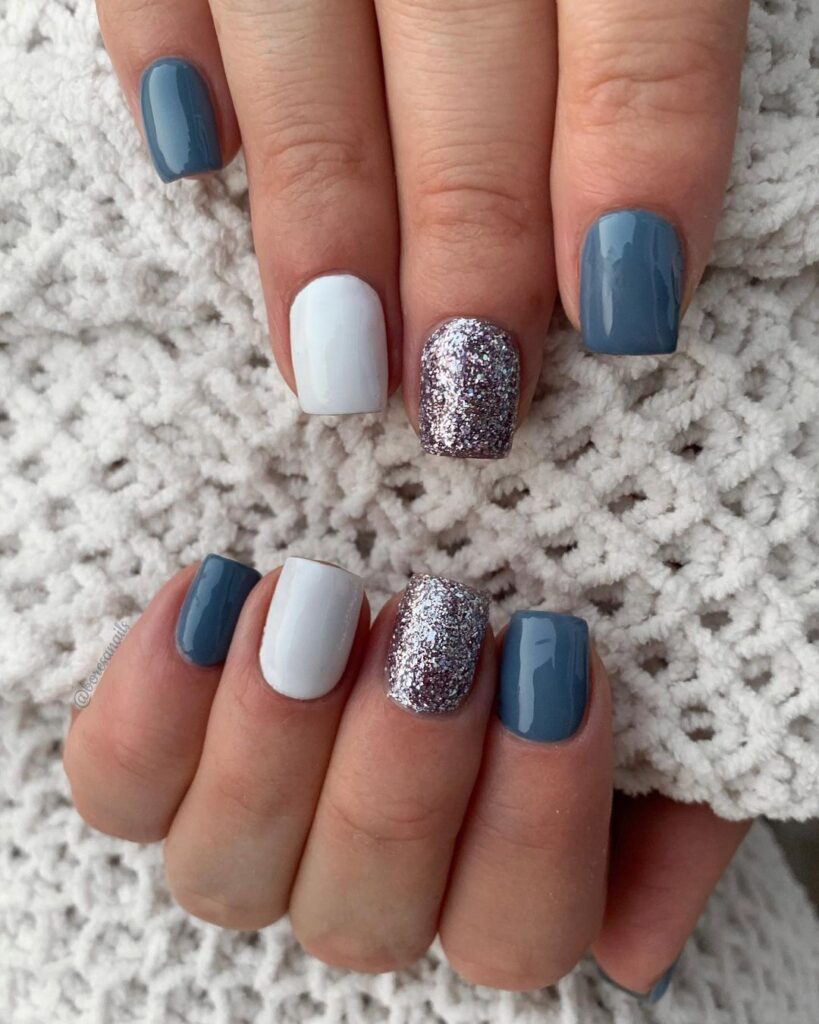 light blue white and silver nails