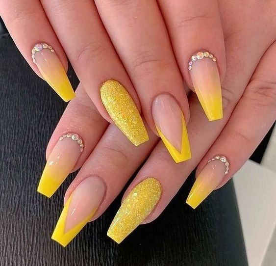 Yellow Glitter Nails