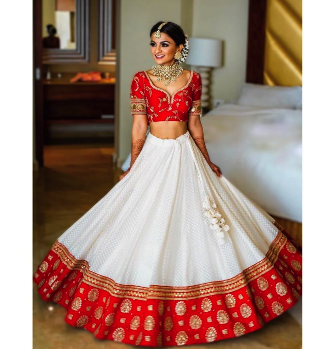 Red Bridal Lehenga and White Groom sherwani – Ricco India