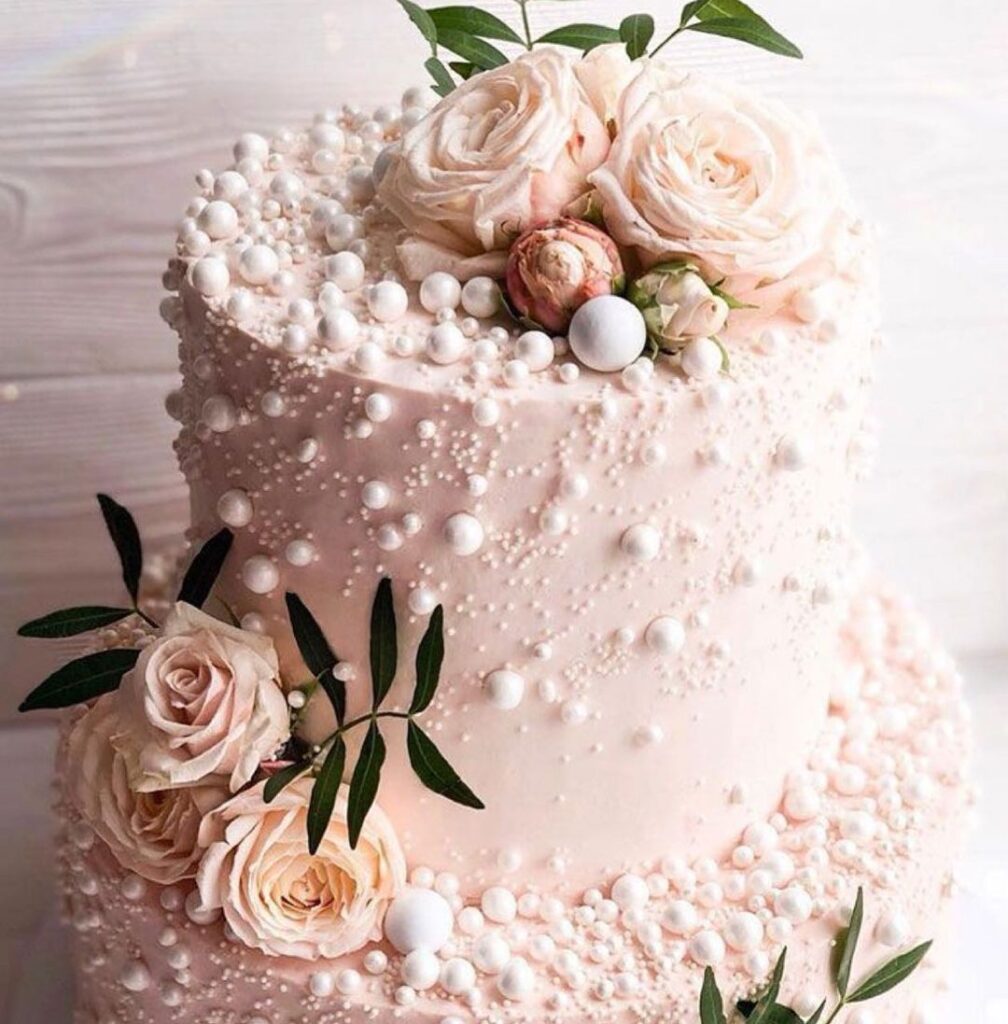 Wedding Cake With Pearls And Flowers