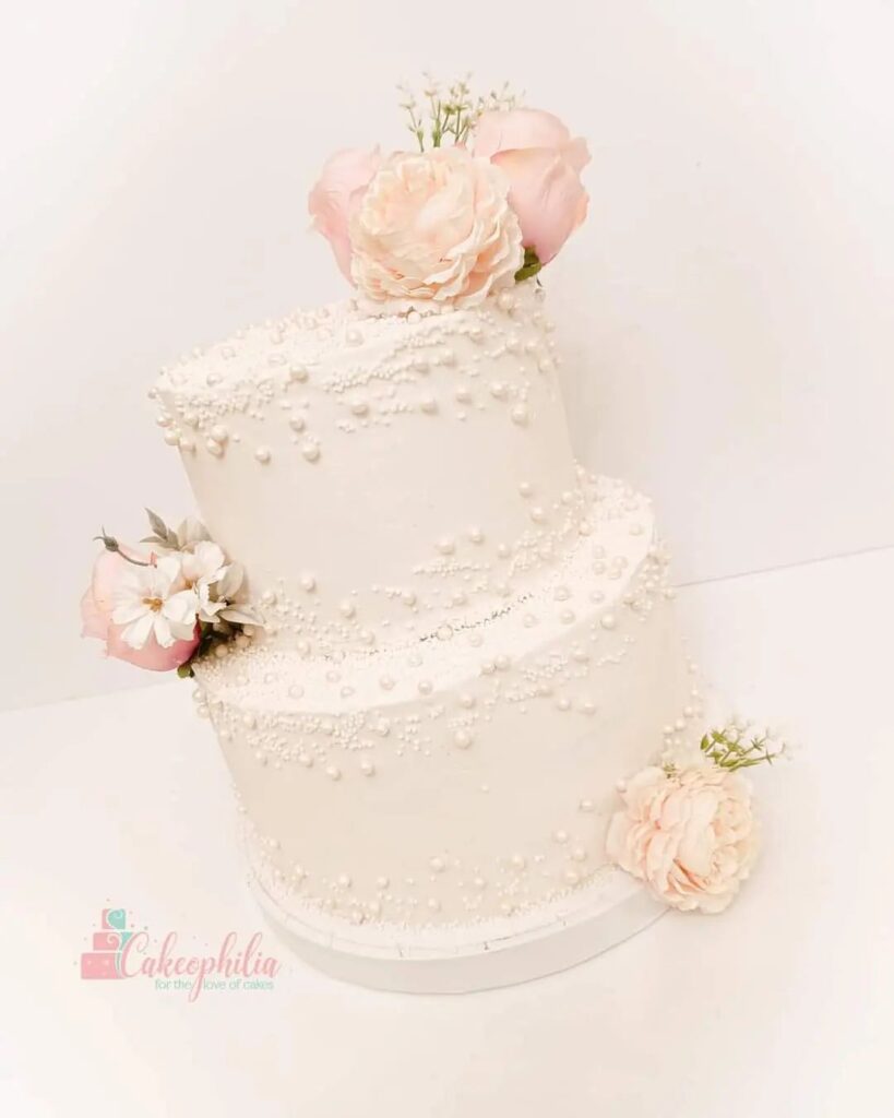 Wedding Cake With Pearls And Flowers