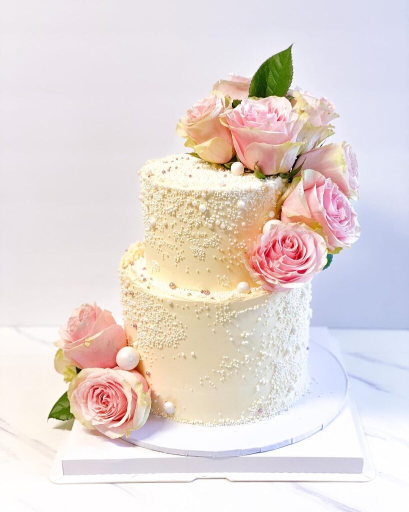 Wedding Cake With Pearls And Flowers